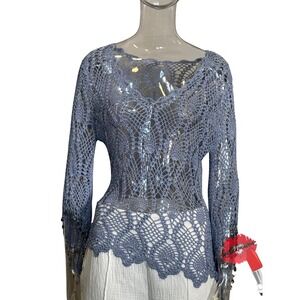 Vintage Y2K Sweater Medium Fairy‎ Grunge Chunky Knit Crochet Beaded Bell Sleeves